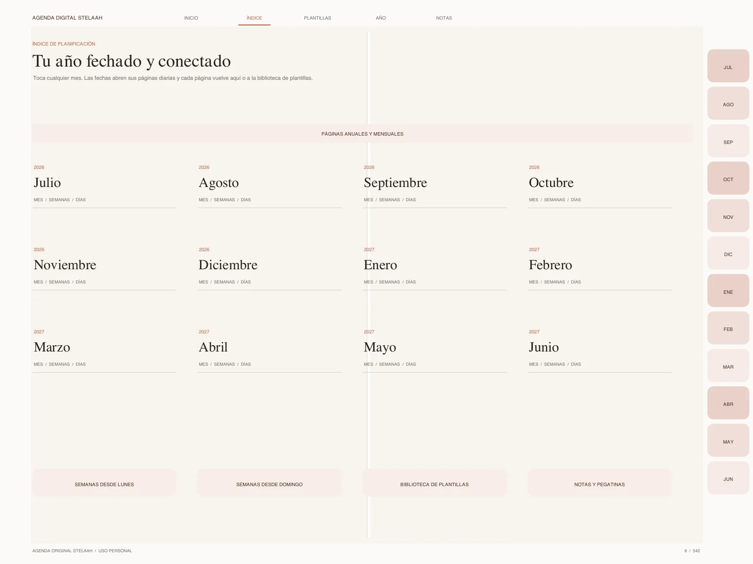 Actual hyperlinked index inside Free Spanish 2026 2027 Midyear All in One Digital Planner for iPad