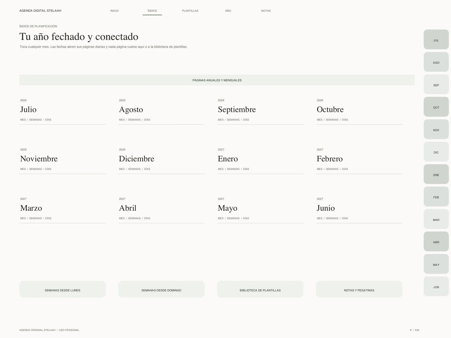 Actual hyperlinked index inside Free Spanish 2026 2027 Midyear Budget Digital Planner for Goodnotes