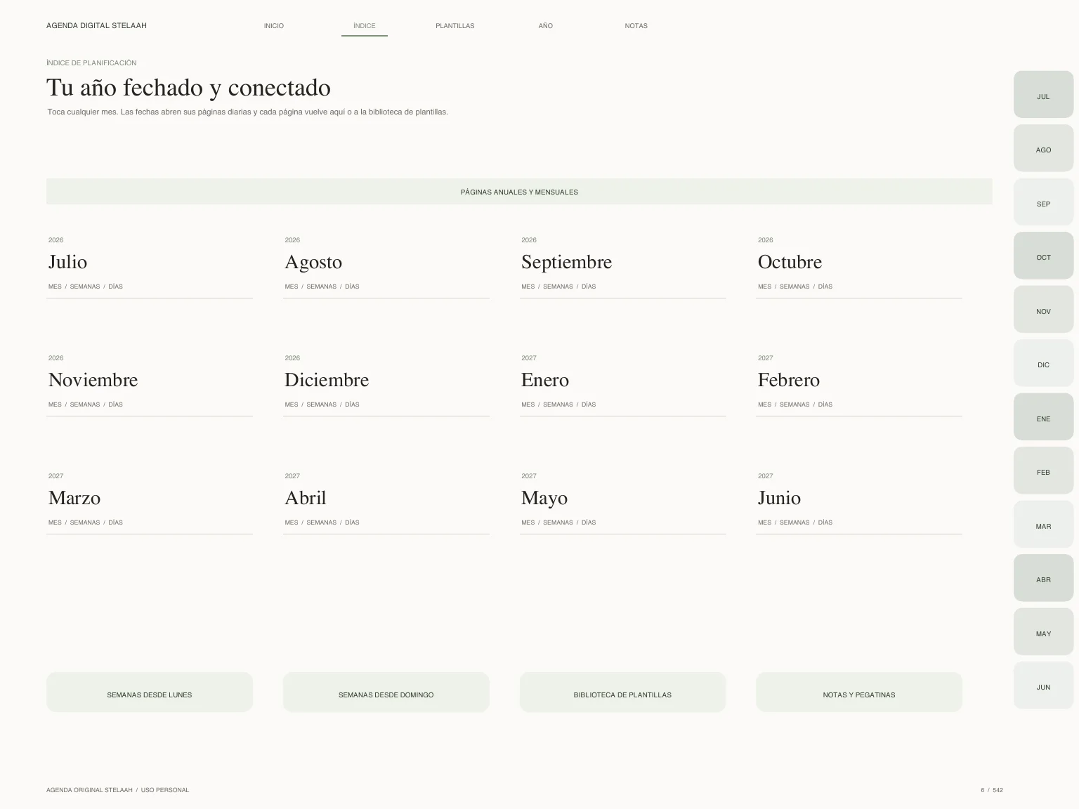 Actual hyperlinked index inside Free Spanish 2026 2027 Midyear ADHD Digital Planner for iPad