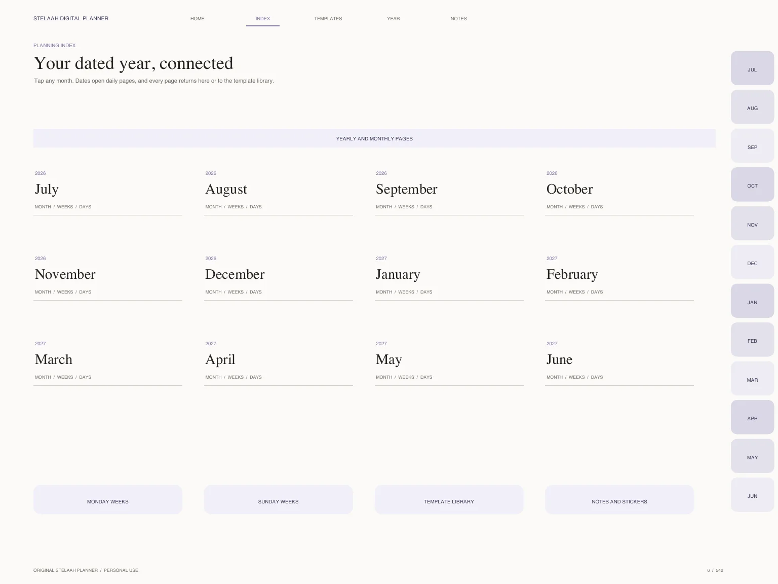 Actual hyperlinked index inside Free 2026 2027 Midyear ADHD Digital Planner for iPad and Goodnotes