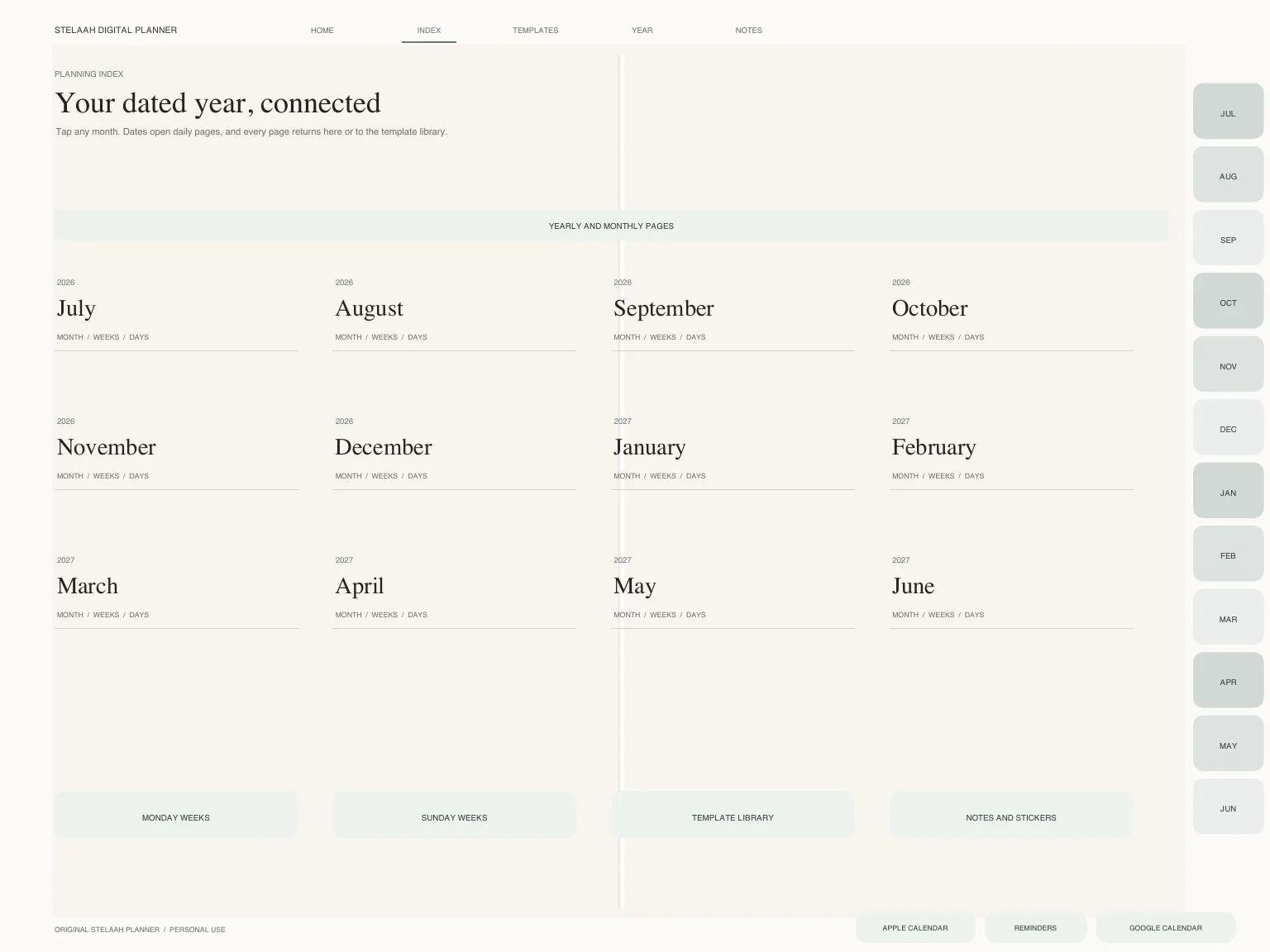 Actual hyperlinked index inside Free 2026 2027 Midyear Hyperlinked Digital Planner for iPad with Calendar Shortcuts