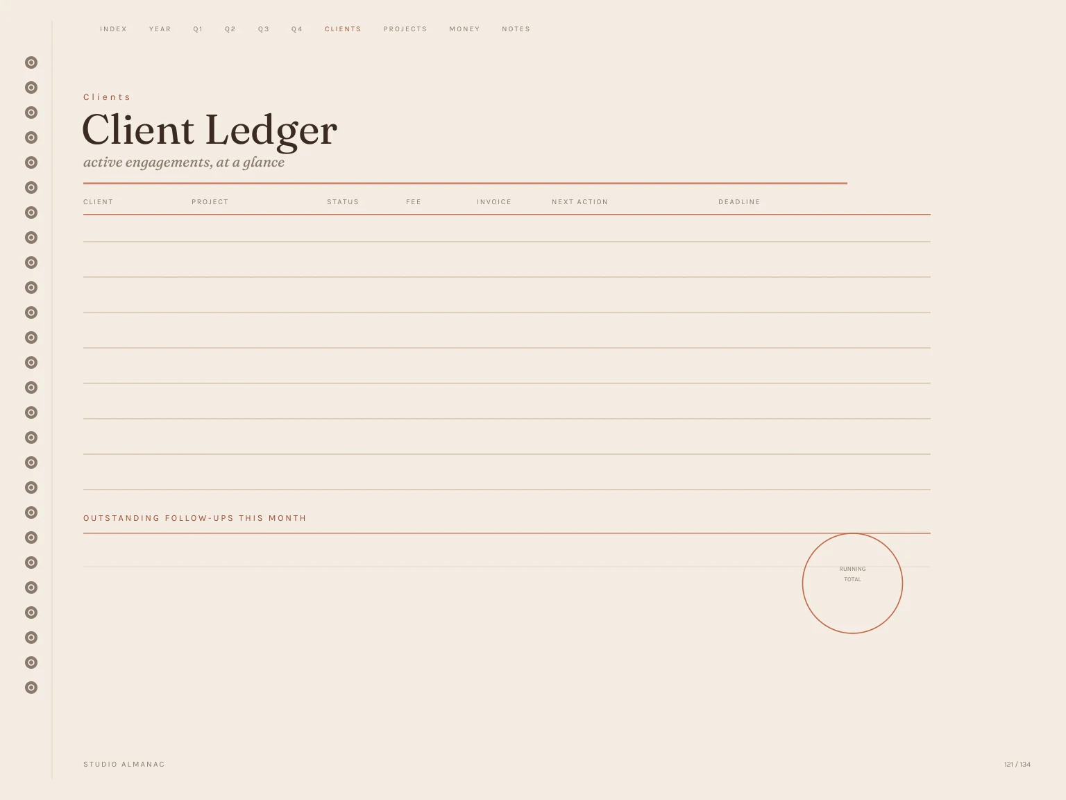 Client Ledger page inside the Free 2027 Freelancer Planner