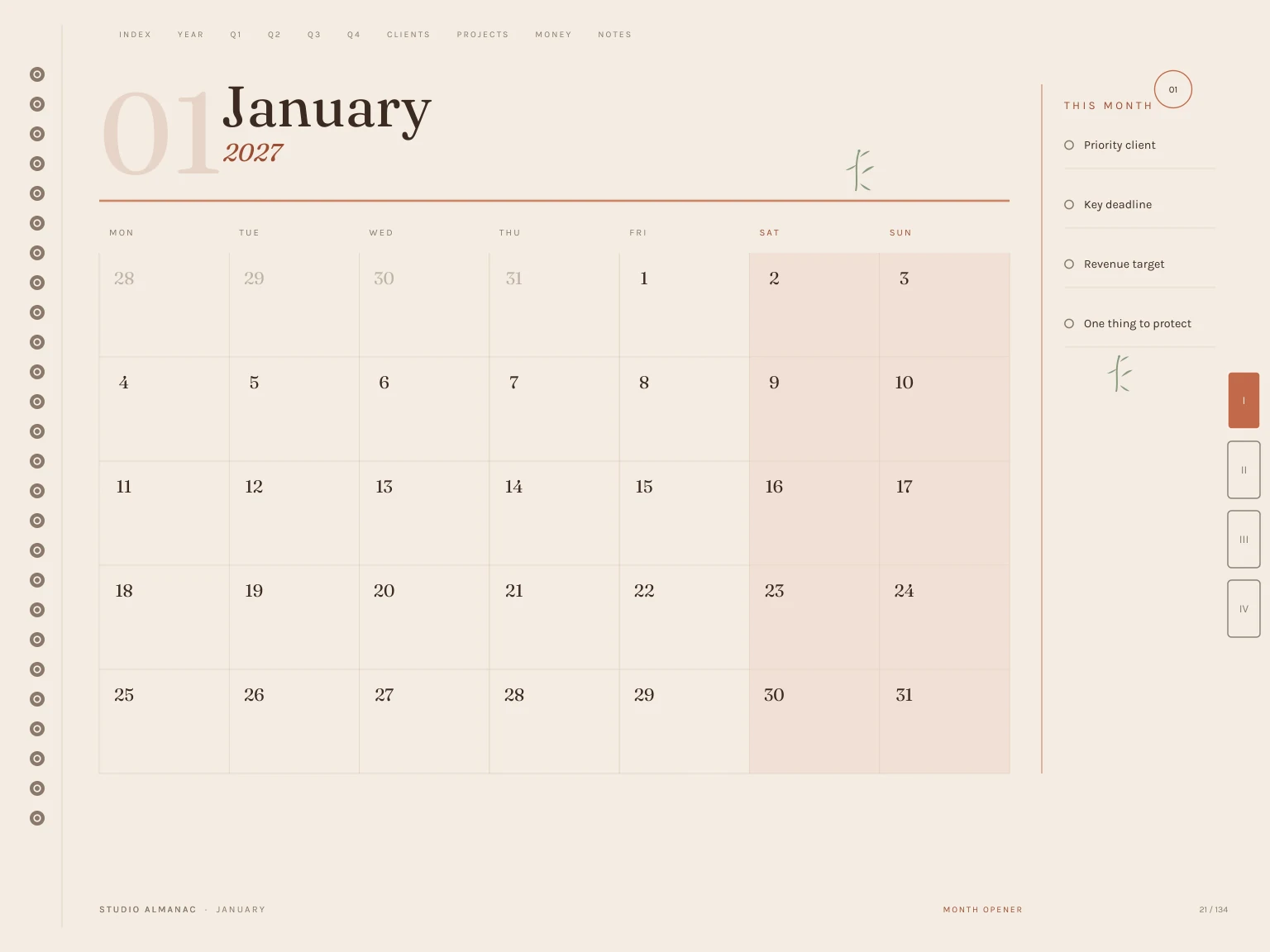 Monthly calendar page inside the Free 2027 Freelancer Planner