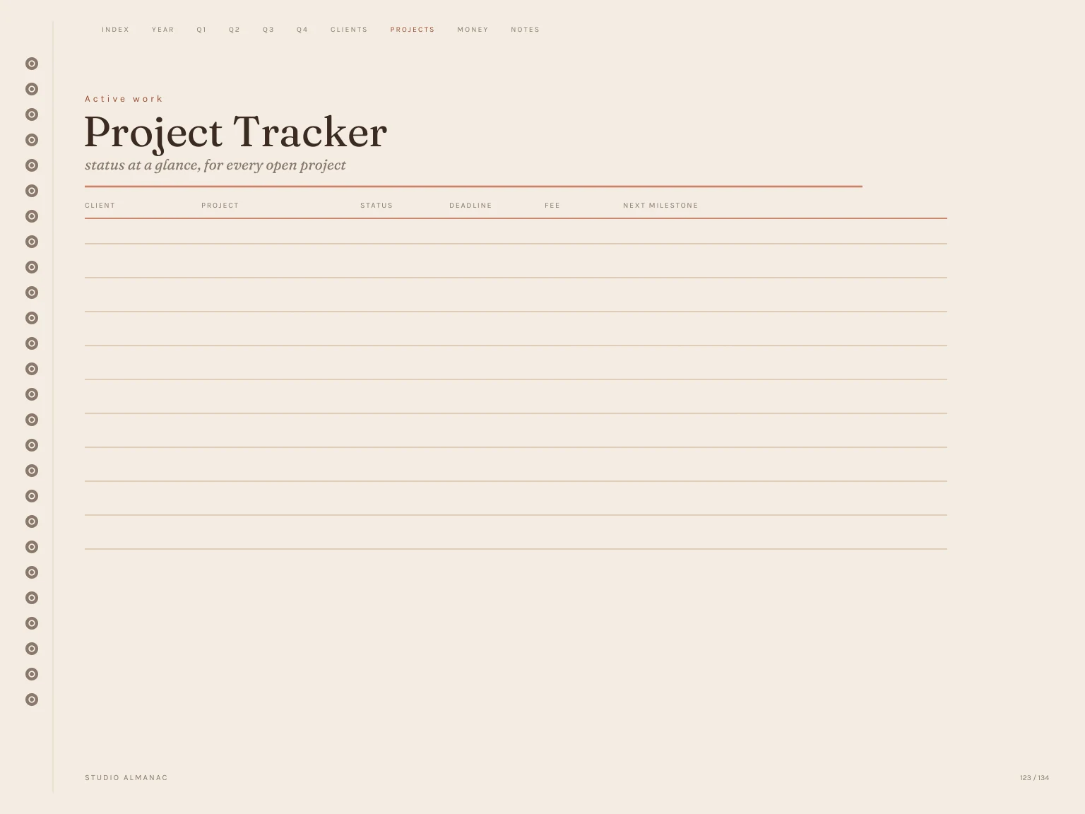 Project Tracker page inside the Free 2027 Freelancer Planner