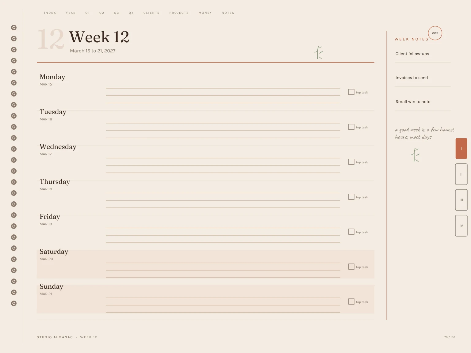 Weekly planning spread inside the Free 2027 Freelancer Planner