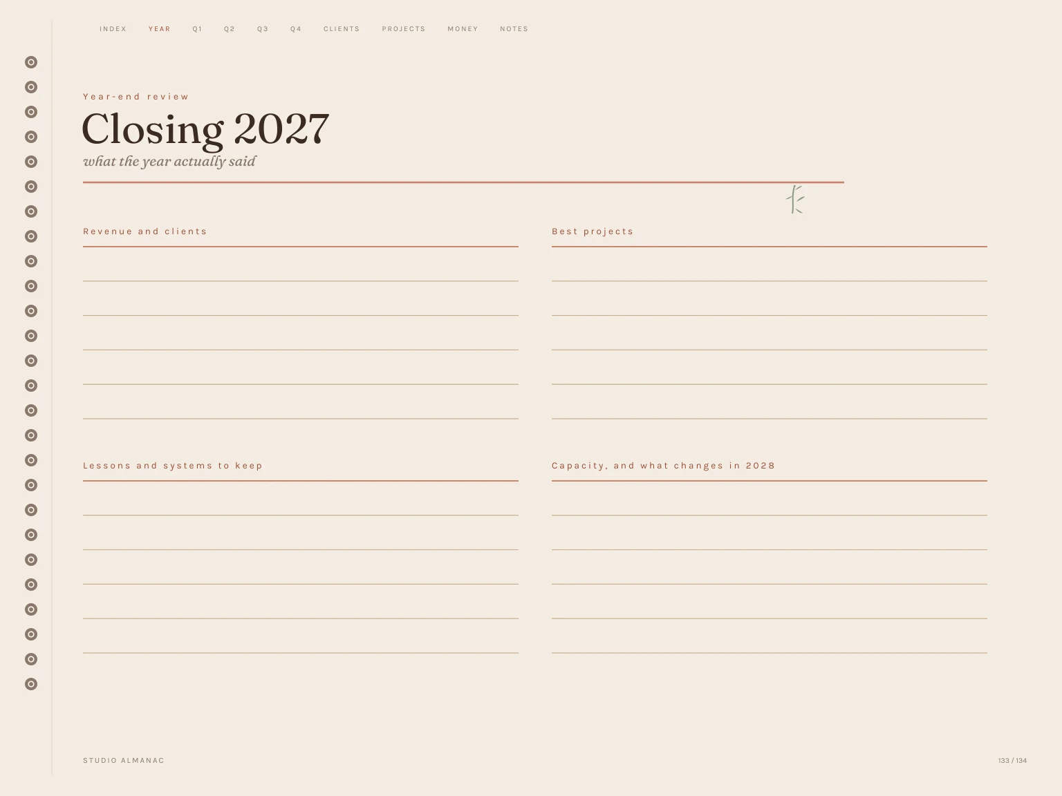 Year-End Review page inside the Free 2027 Freelancer Planner
