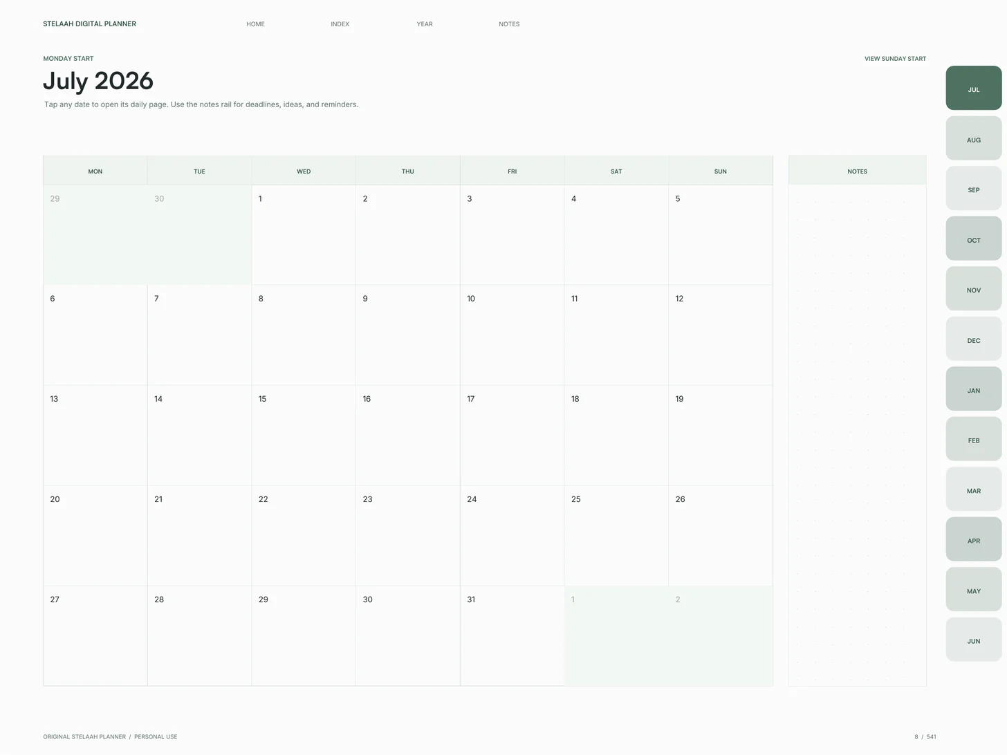 Free 2026 to 2027 Midyear Digital Planner for iPad: July, monthly