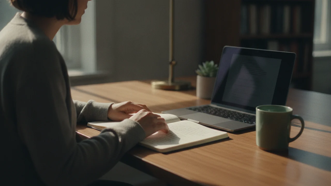 A laptop beside a paper notebook of handwritten notes in warm morning light