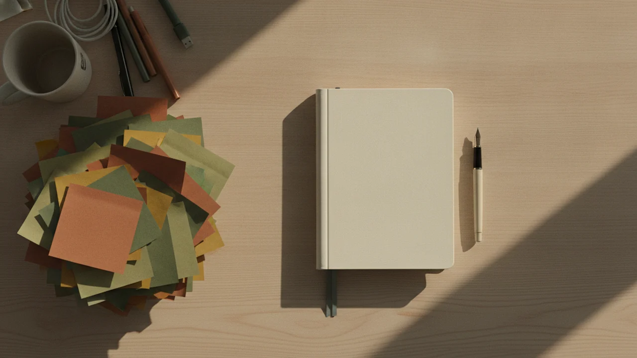 A cluster of sticky notes giving way to a single clean notebook on a warm desk