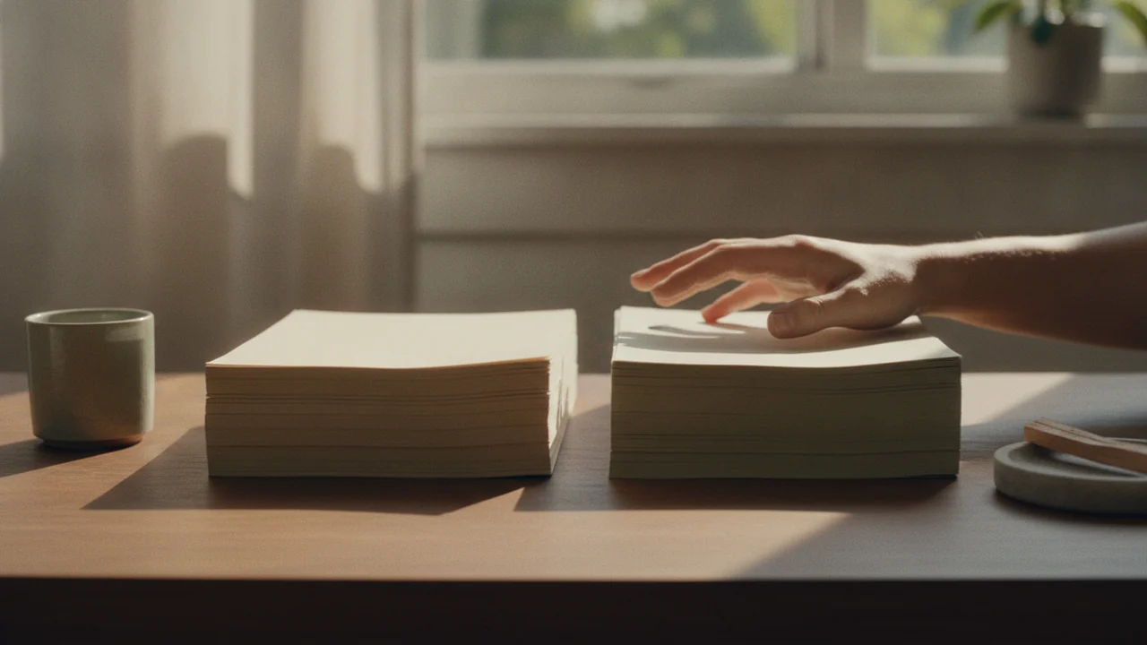 Two neat stacks of paper compared side by side on a warm desk, a calm decision moment