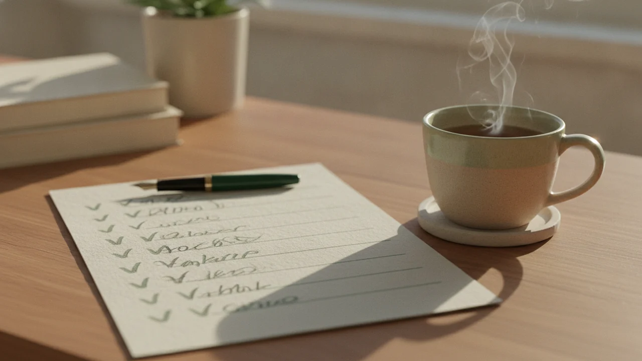 A simple paper checklist mostly ticked beside a cup of tea, a quiet sense of order