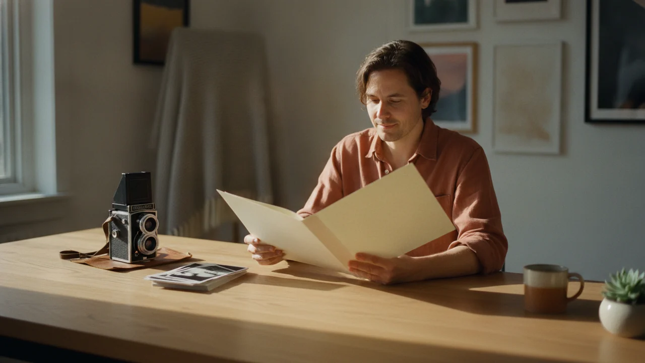 A creative professional reviewing a single clean folder at a calm desk, camera and prints nearby