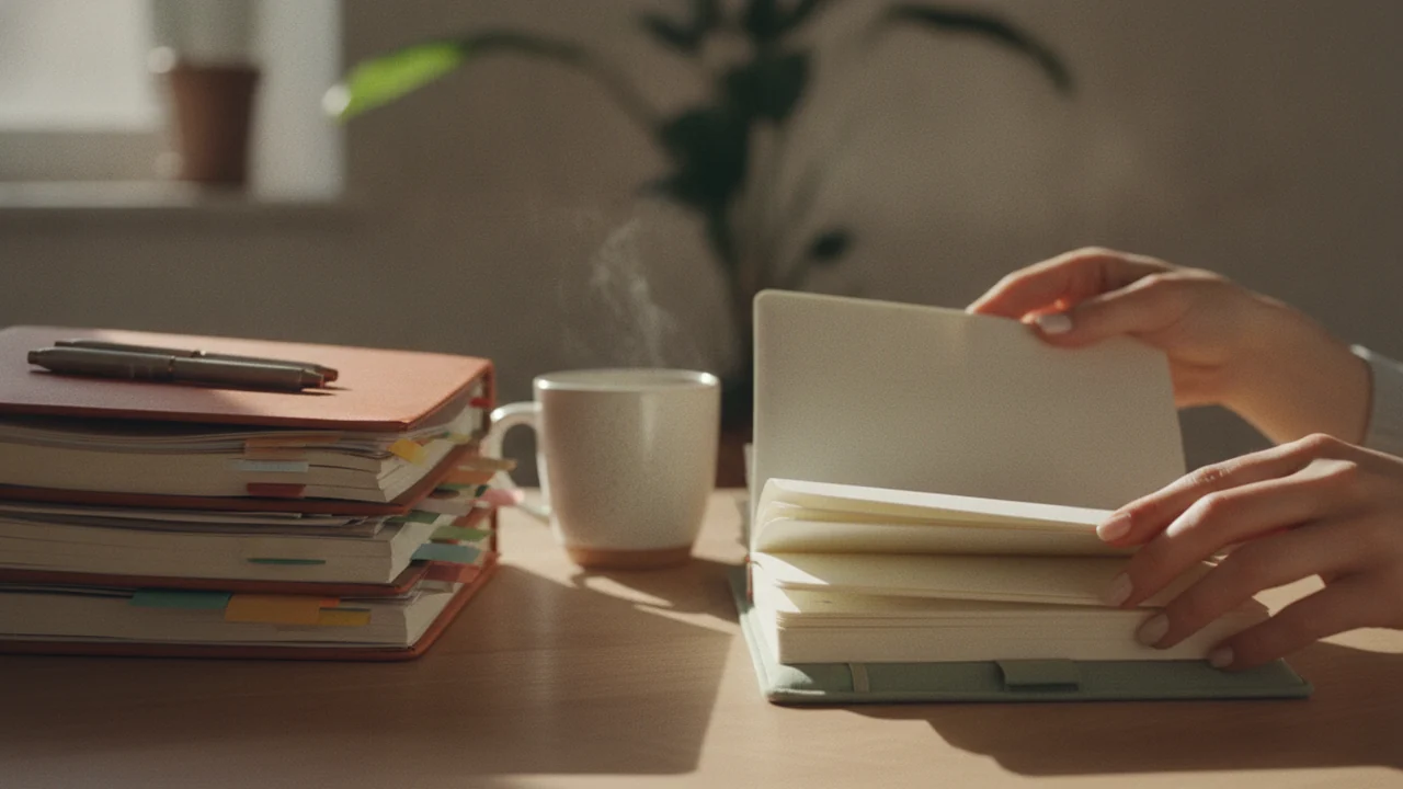 Hands setting aside a busy planner and opening a calm minimal one beside coffee