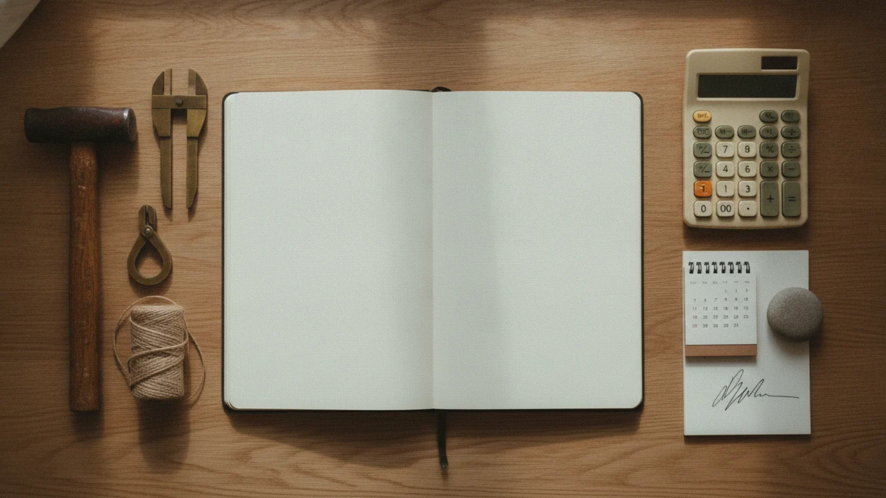 A blank open notebook beside real working tools, a calculator, a signed page, a calendar, on warm oak