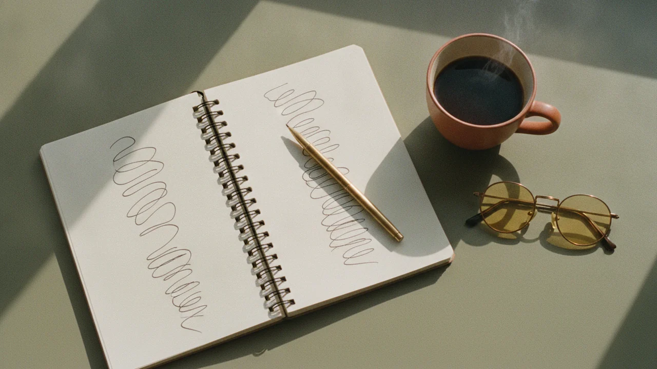 An open notebook with two hand drawn columns, a pen, coffee and glasses on a warm desk