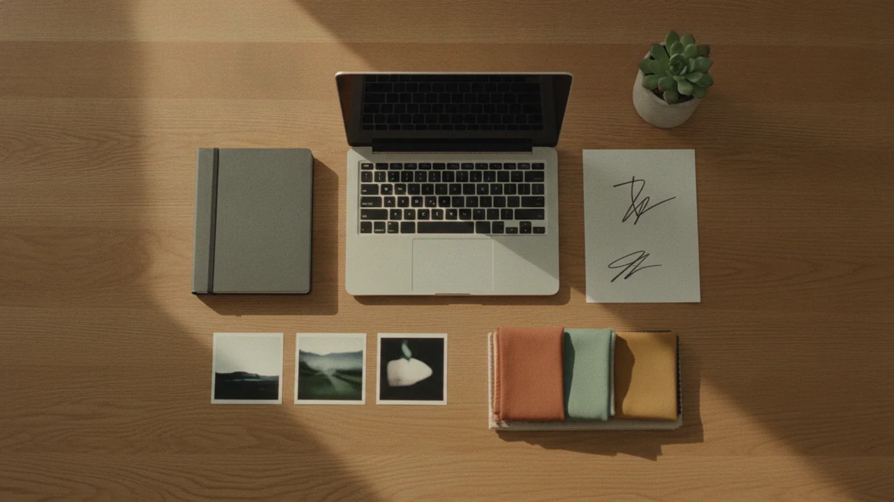 An ordered flat lay of a laptop, planner, prints and a small plant on warm oak