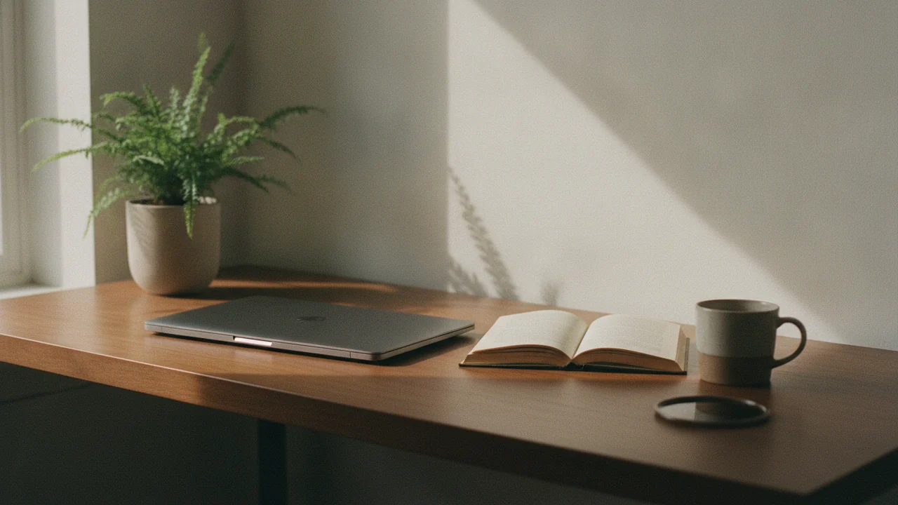 A closed laptop, a book and coffee on a tidy desk in soft Saturday light