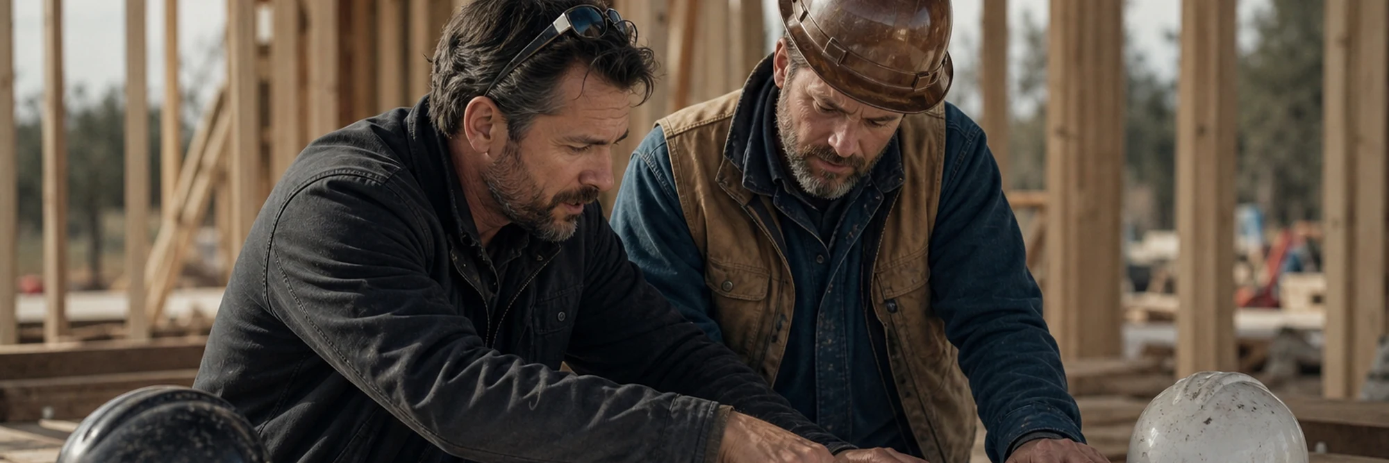 a construction team reviewing plans on a job site