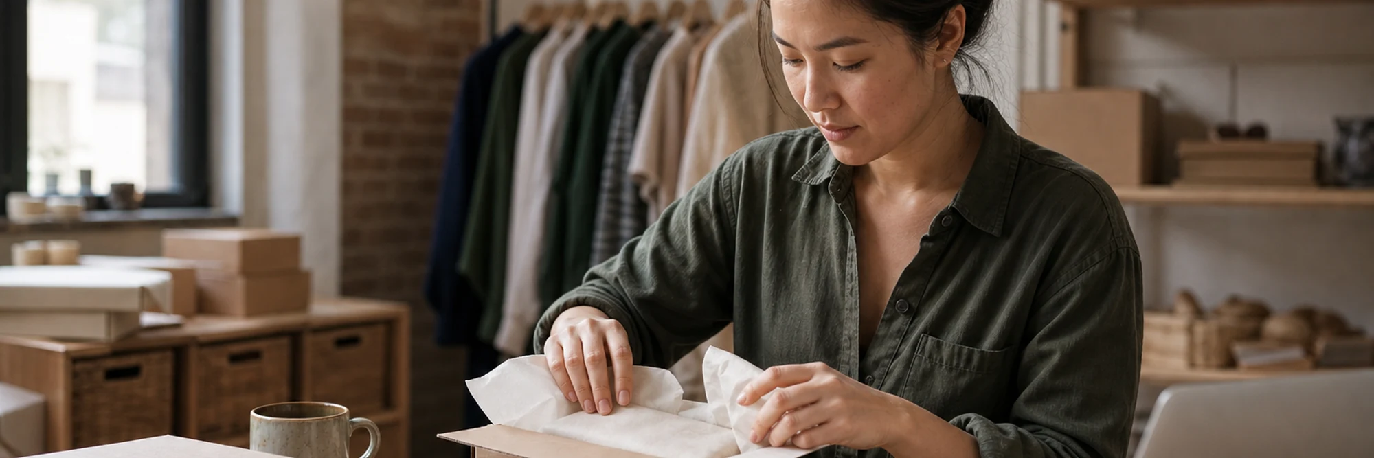 a brand founder packing product orders in a bright loft workspace