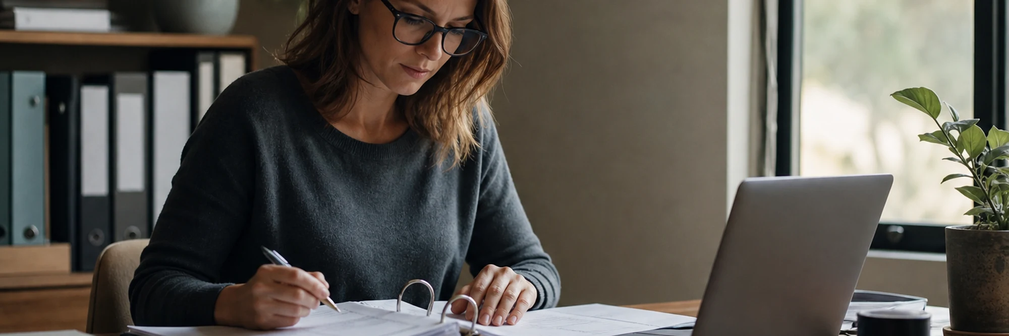a bookkeeper reviewing client binders at a calm desk near a window