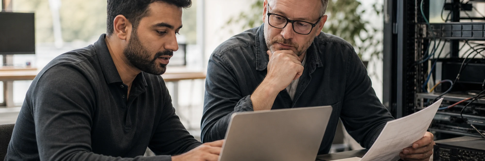 an IT technician reviewing systems notes with a client in a bright office