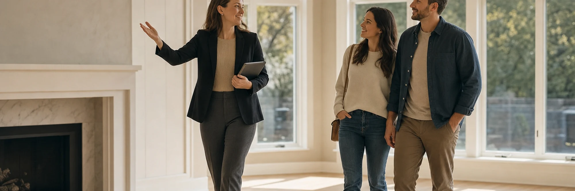 a real estate agent walking clients through a bright home