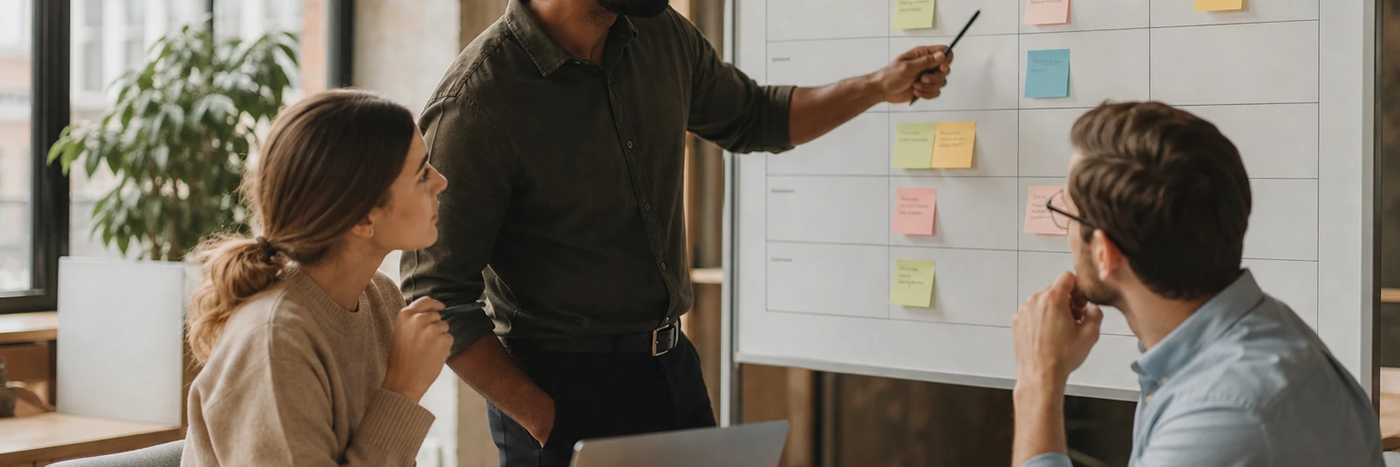 a sales team reviewing a pipeline board in a bright modern office