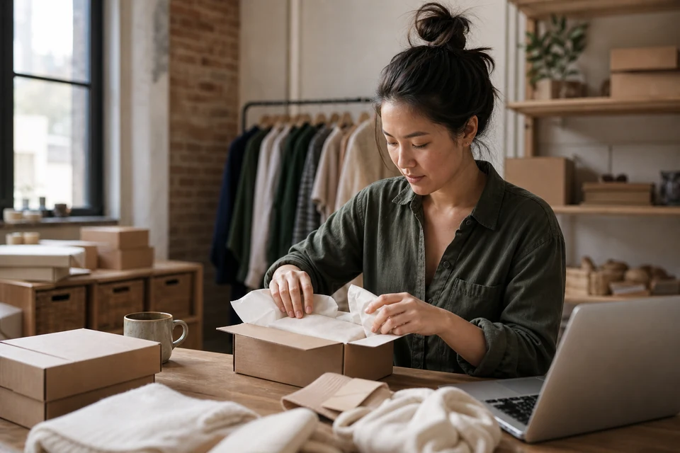 A brand founder packing product orders in a bright loft workspace
