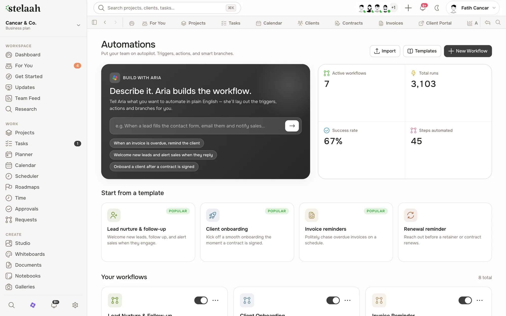 Aria creating a task with a confirmation and an undo
