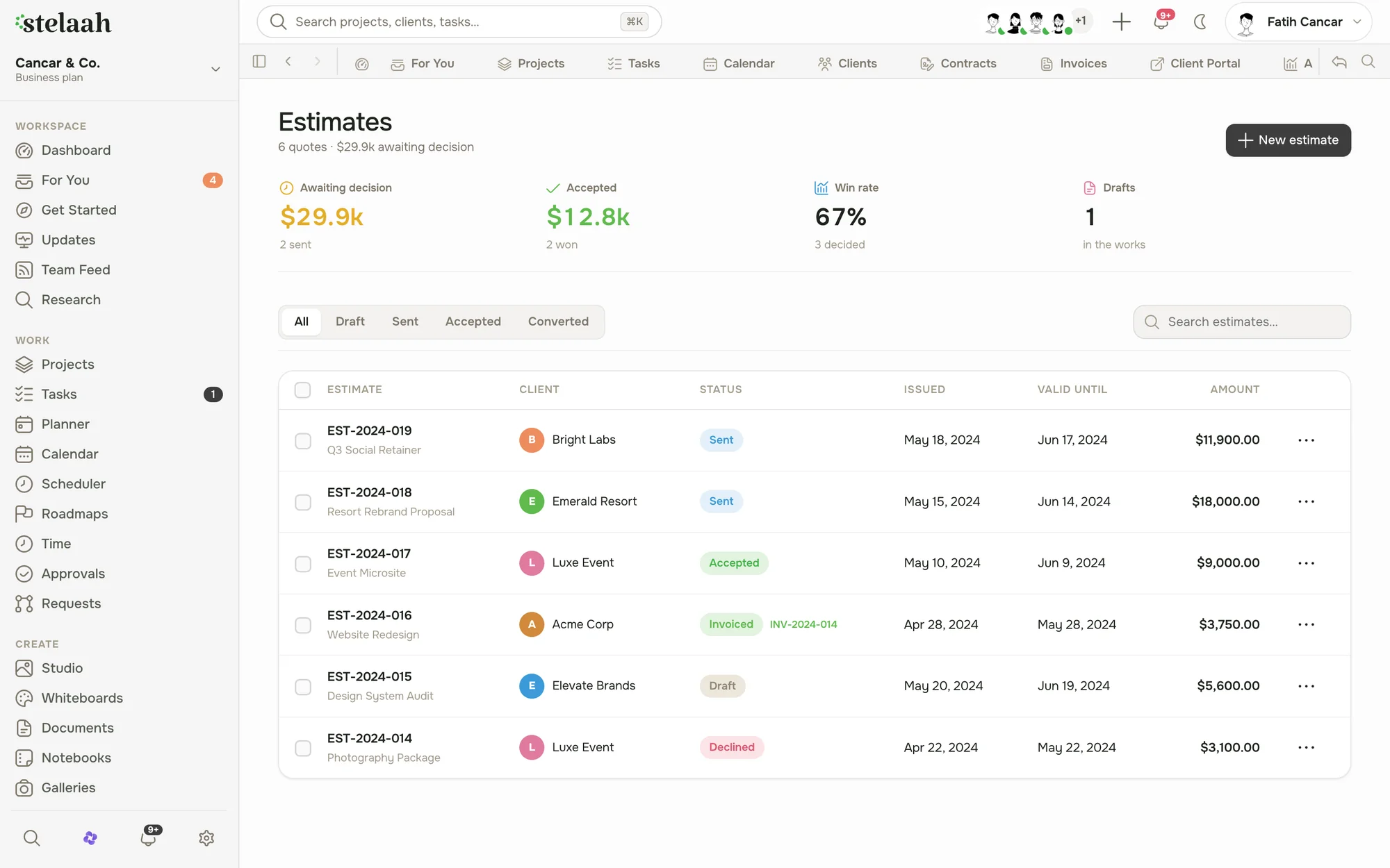 an estimate with line items ready to send to a client