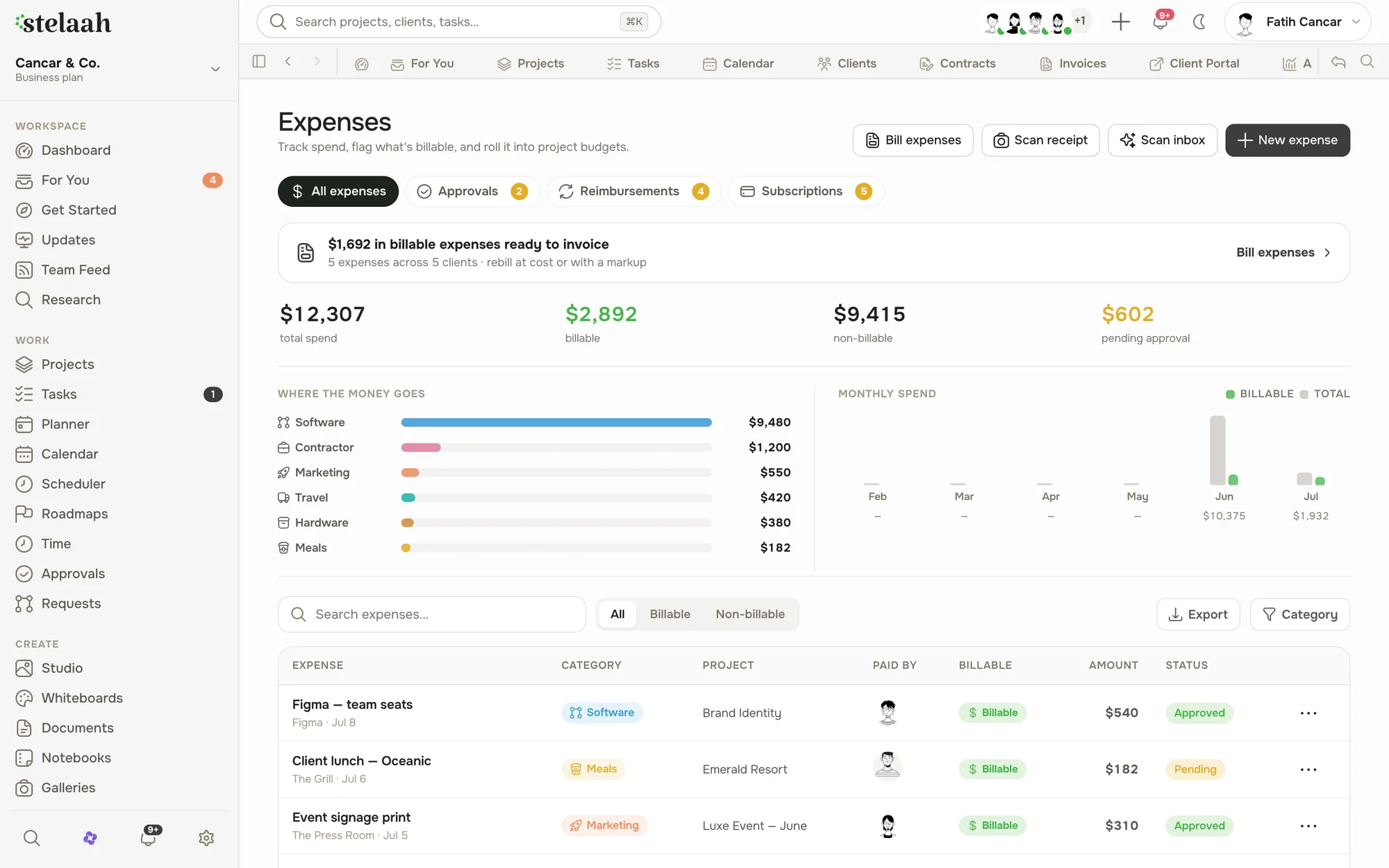 an expenses list with scanned receipts and categories