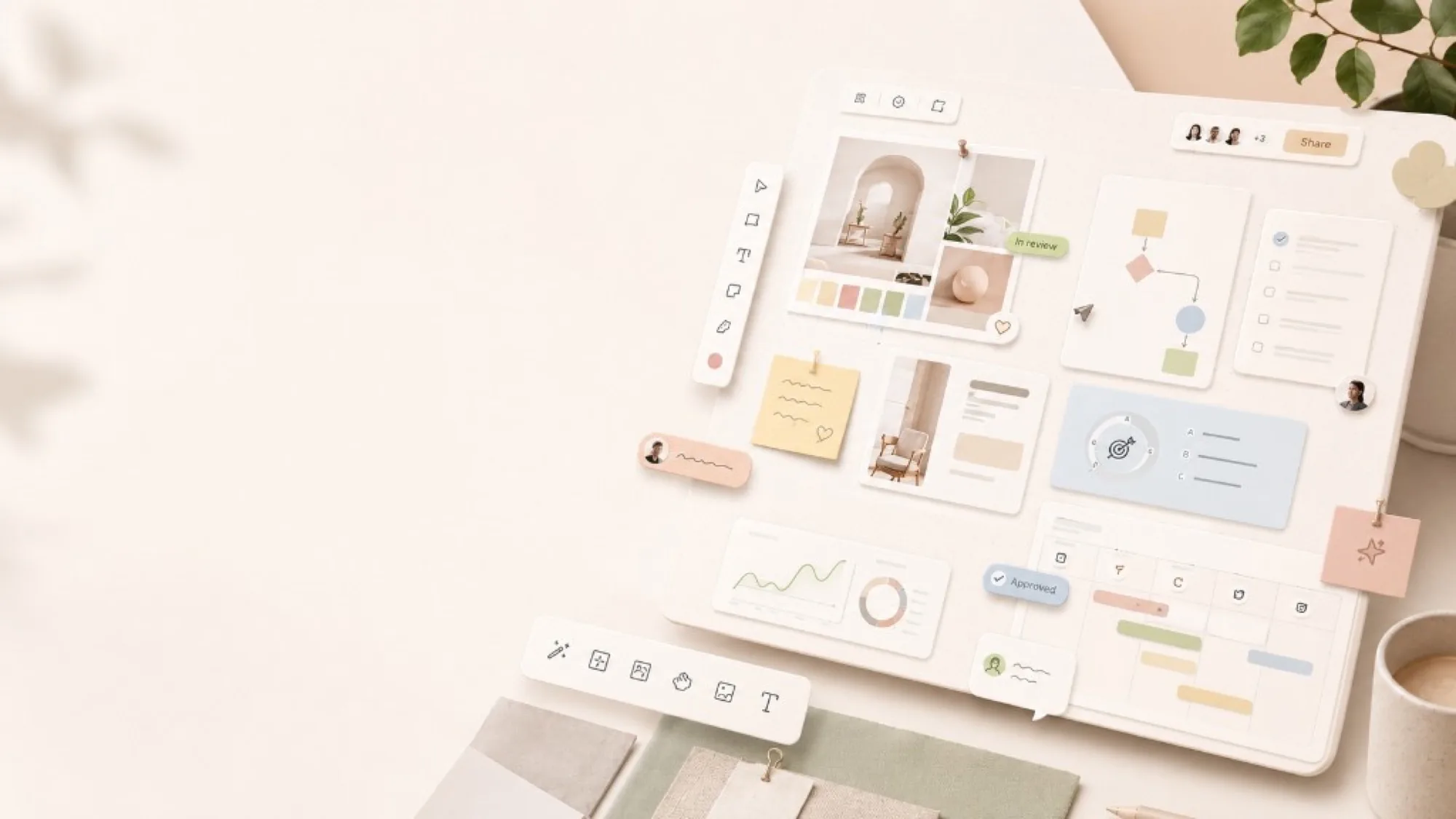 A soft desk-style whiteboard with moodboard, timeline, and planning widgets