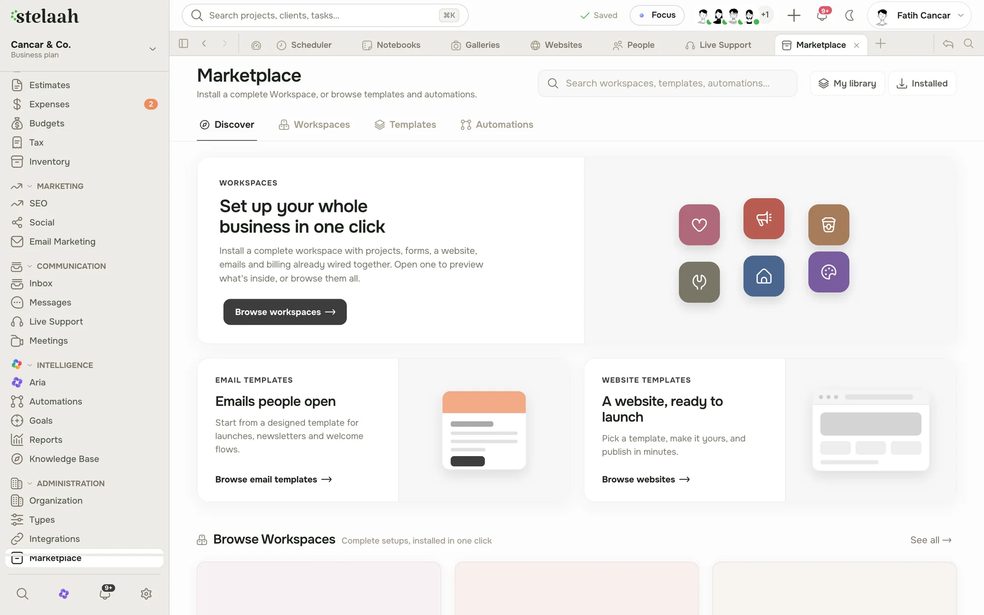 The Stelaah Marketplace with installable workspaces, templates, and automations