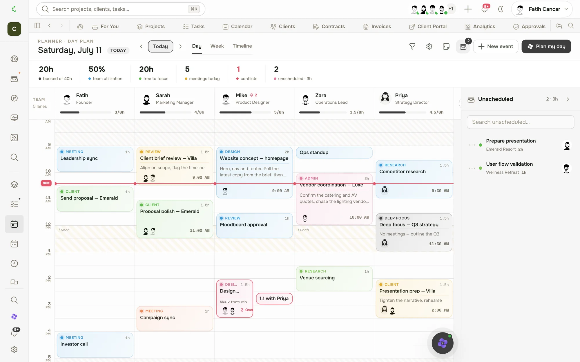 a resource planner showing each teammate's workload by day