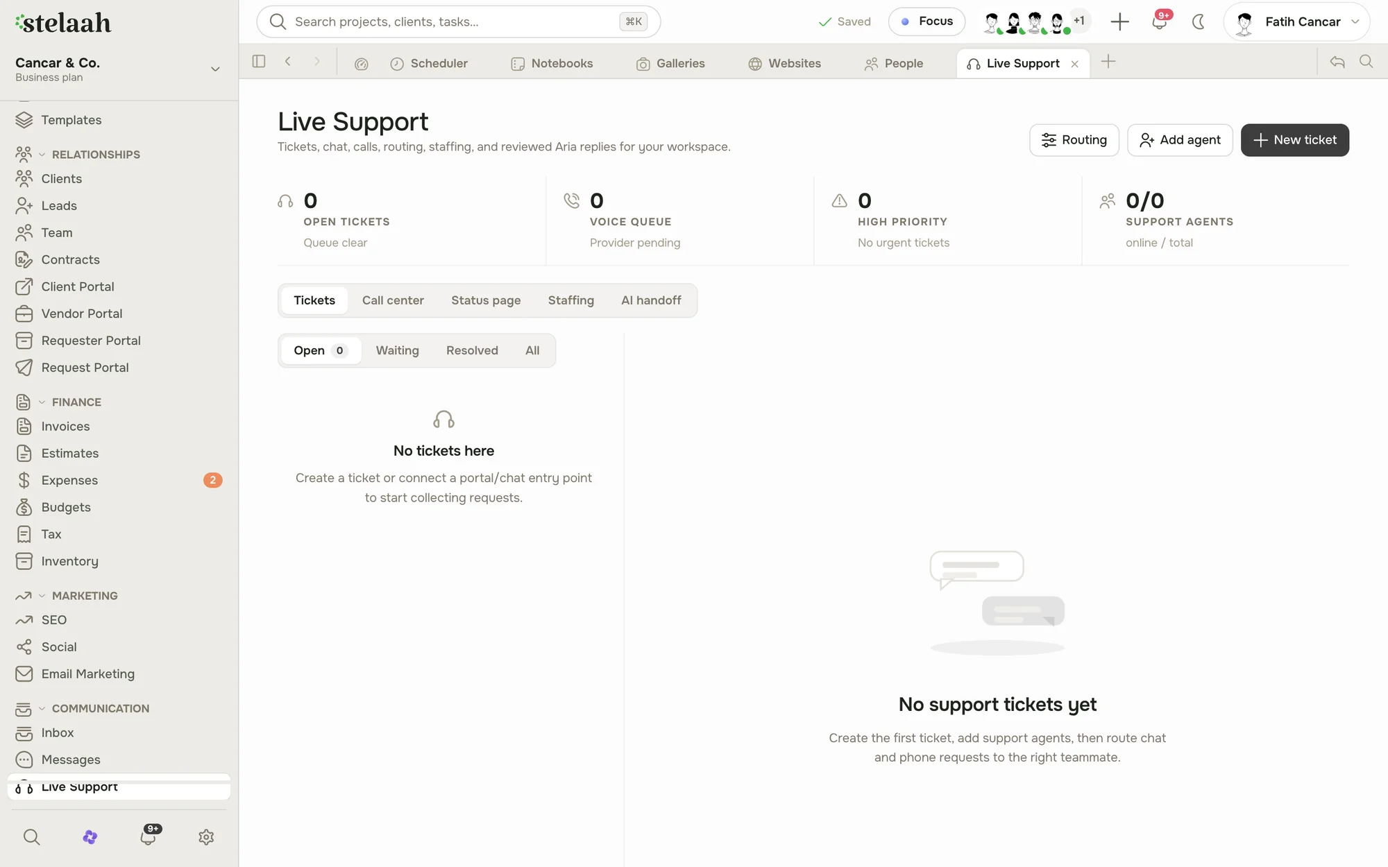 The Stelaah Live Support view with tickets, routing, and support agents