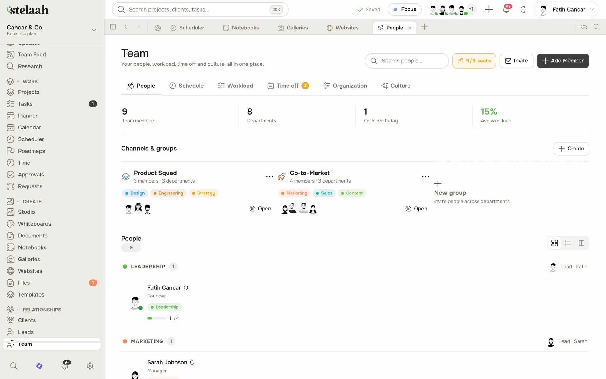 The Stelaah Team view with people, departments, workload, and time off