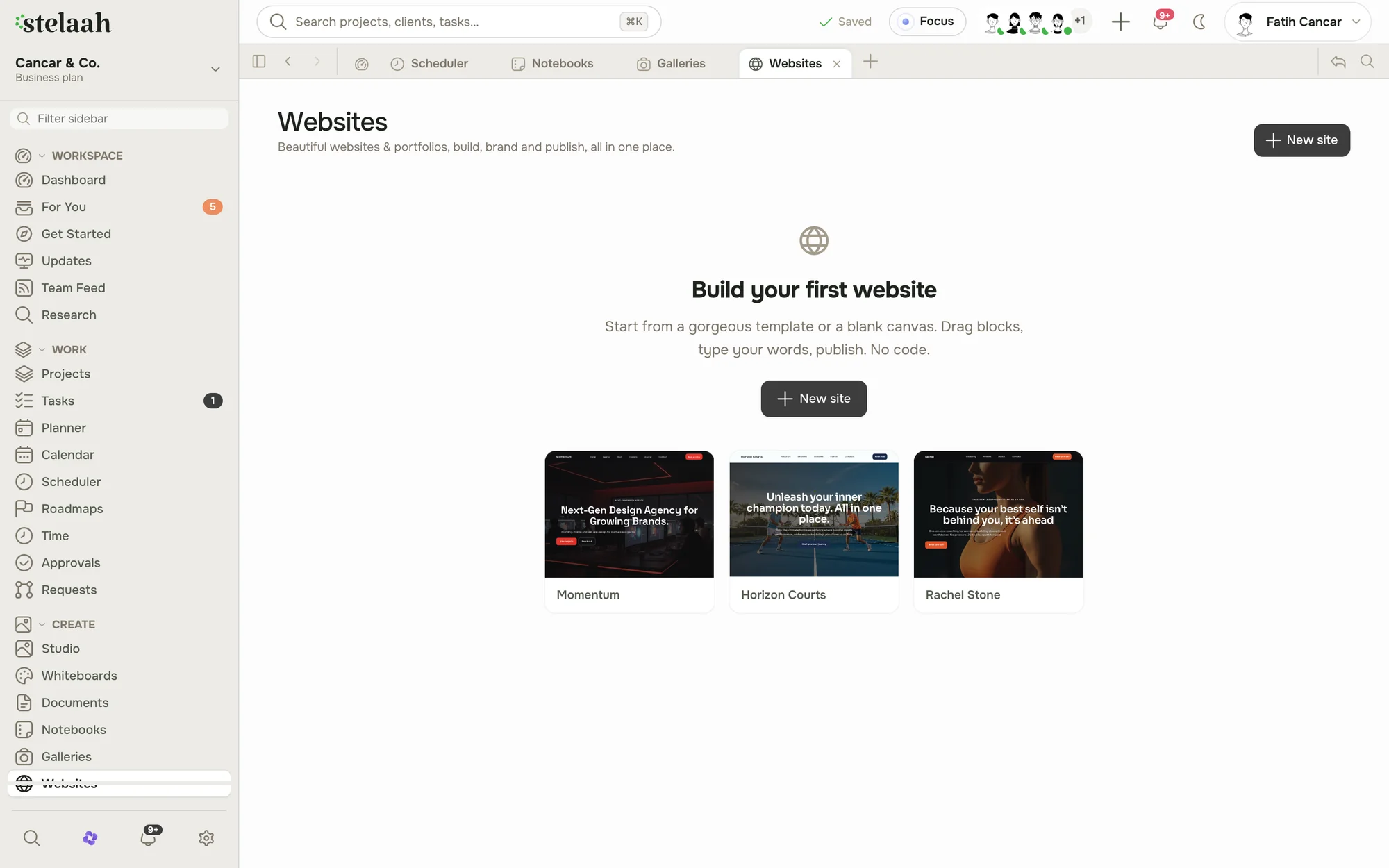 The Stelaah website builder with template previews, no code needed