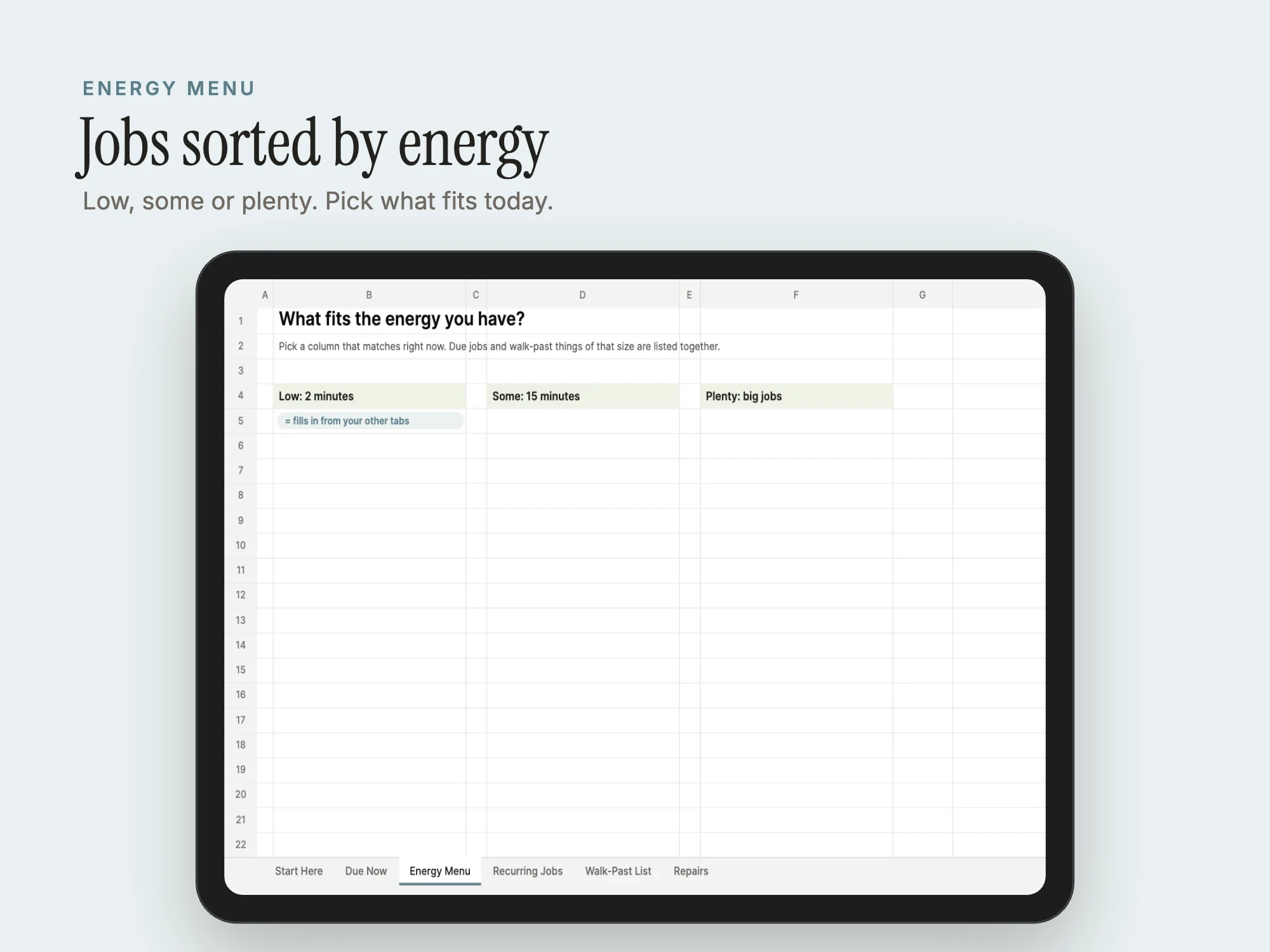 Stelaah ADHD Home Maintenance System: Energy Menu