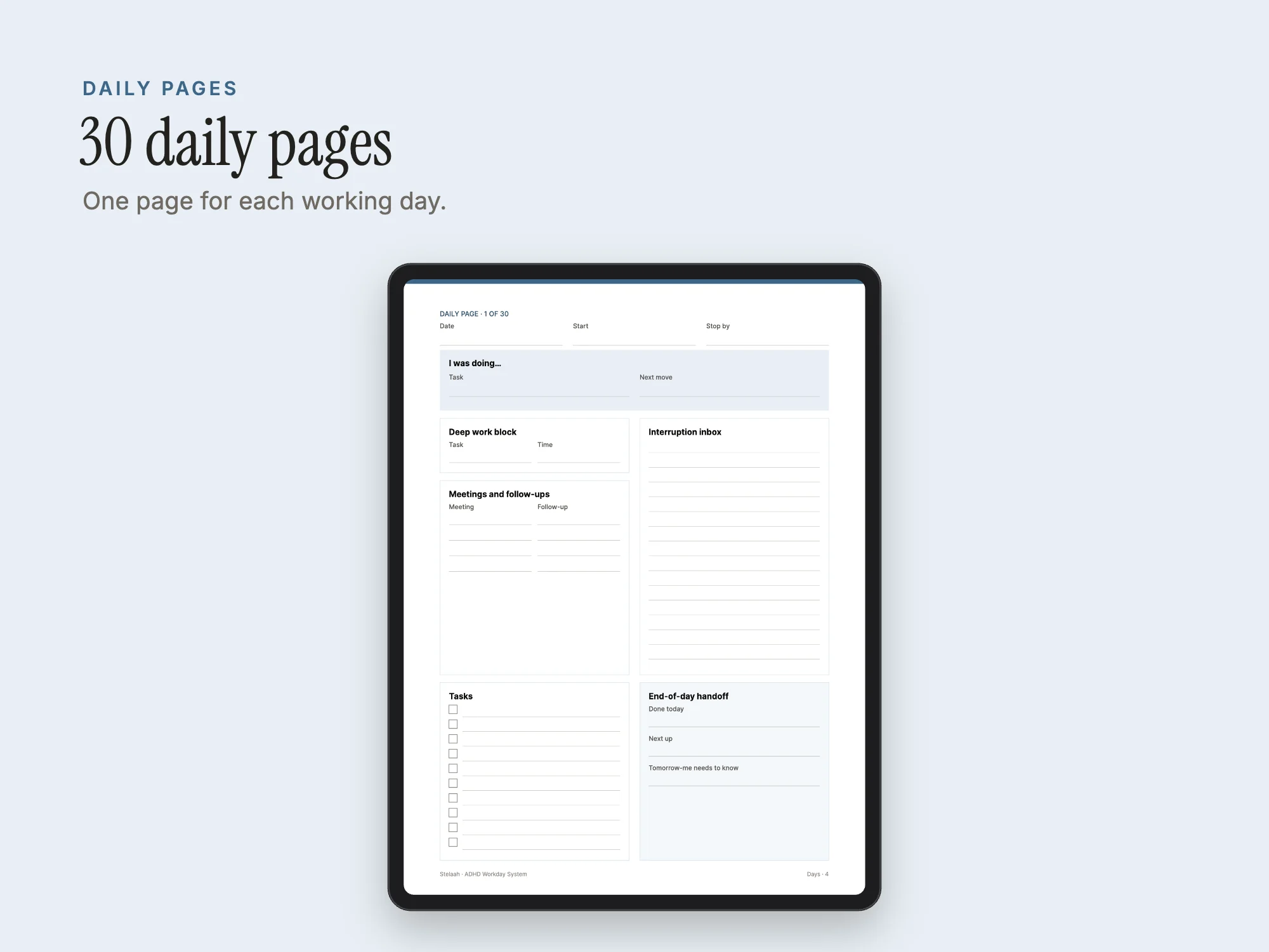 Stelaah ADHD Workday System: Daily pages