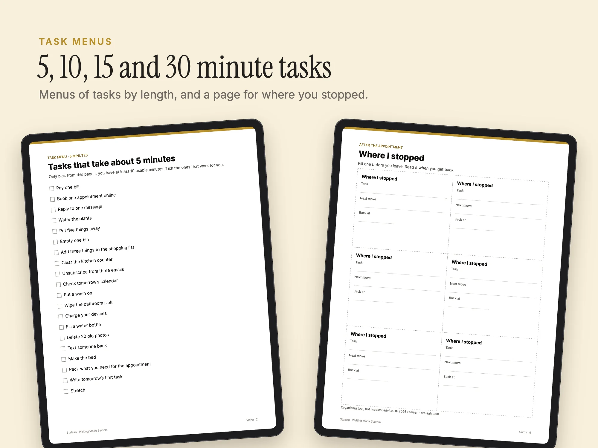 Stelaah Waiting Mode System: Task menus