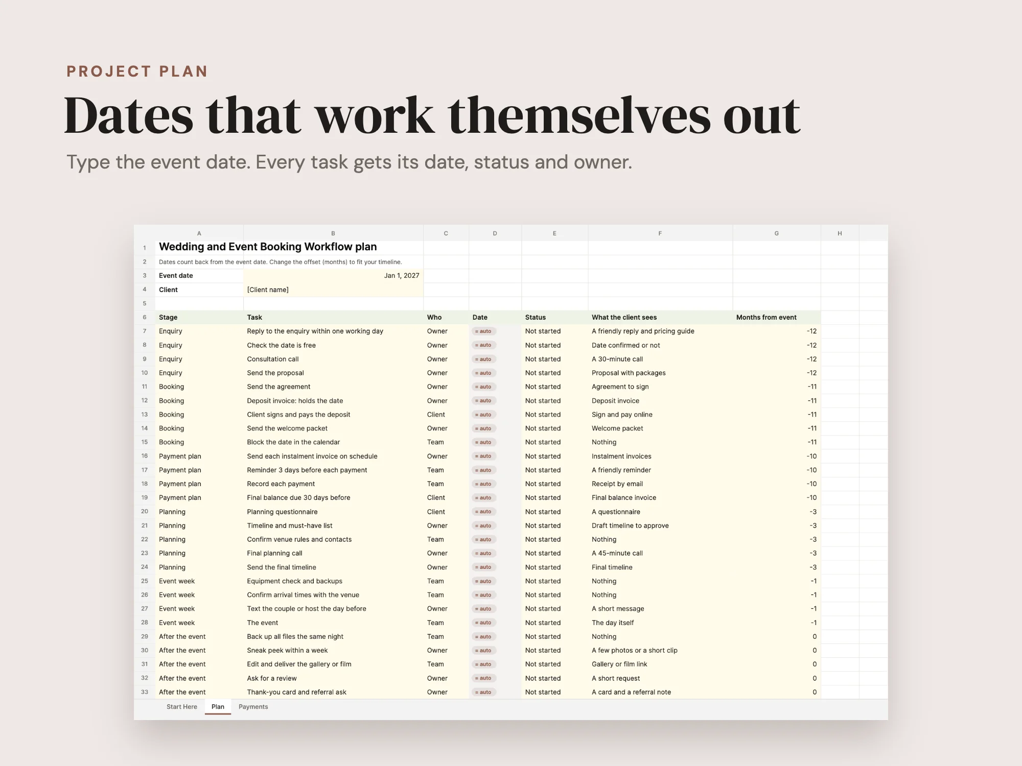 Wedding and Event Booking Workflow: Project plan