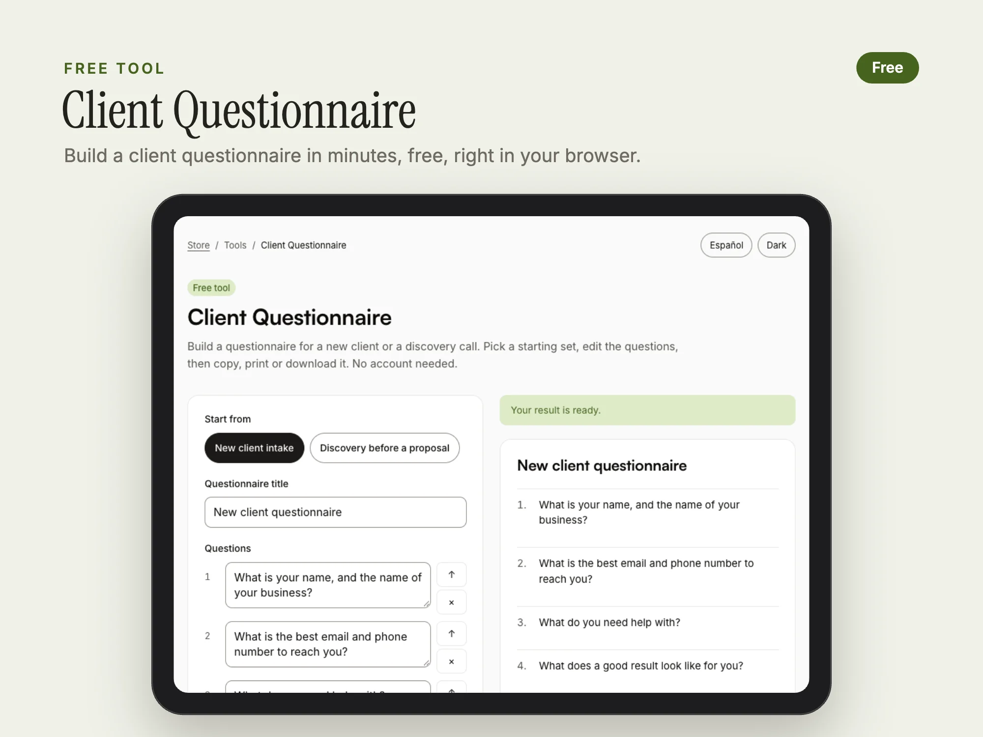 Cover of the Client Questionnaire
