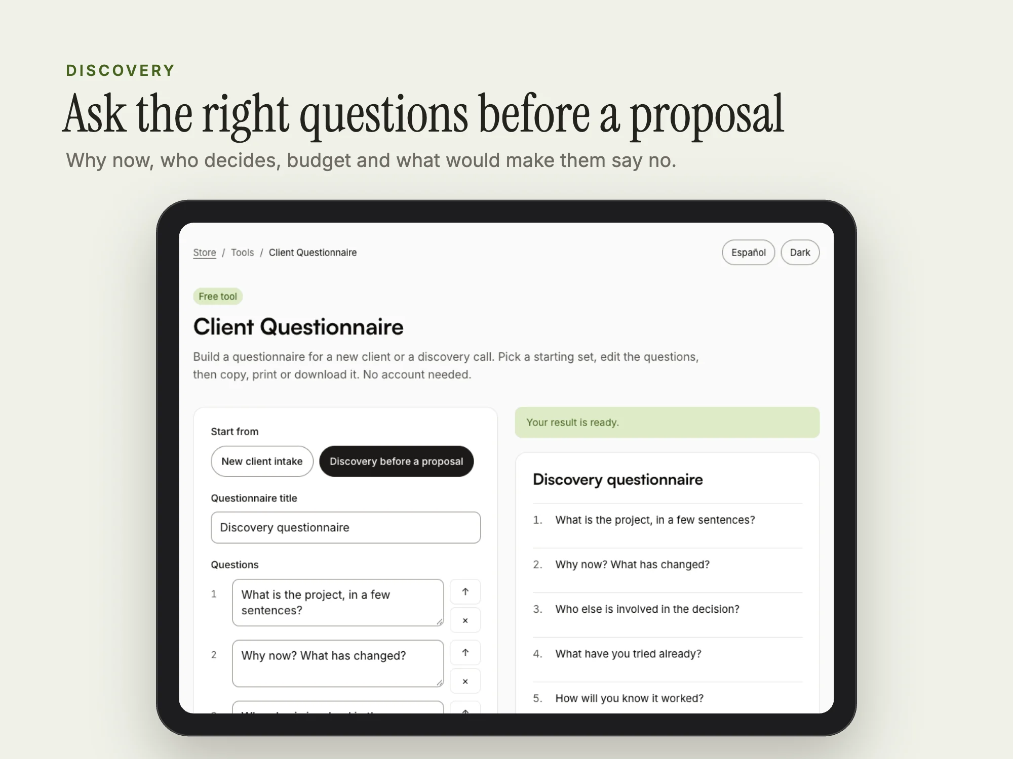 Client Questionnaire: Discovery set