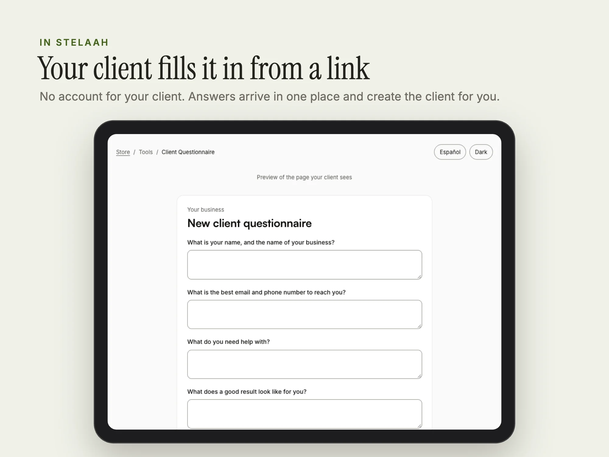 Client Questionnaire: Client form in Stelaah