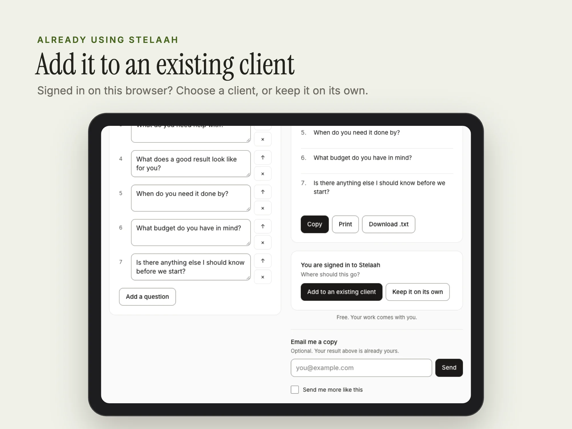 Client Questionnaire: Add to a client