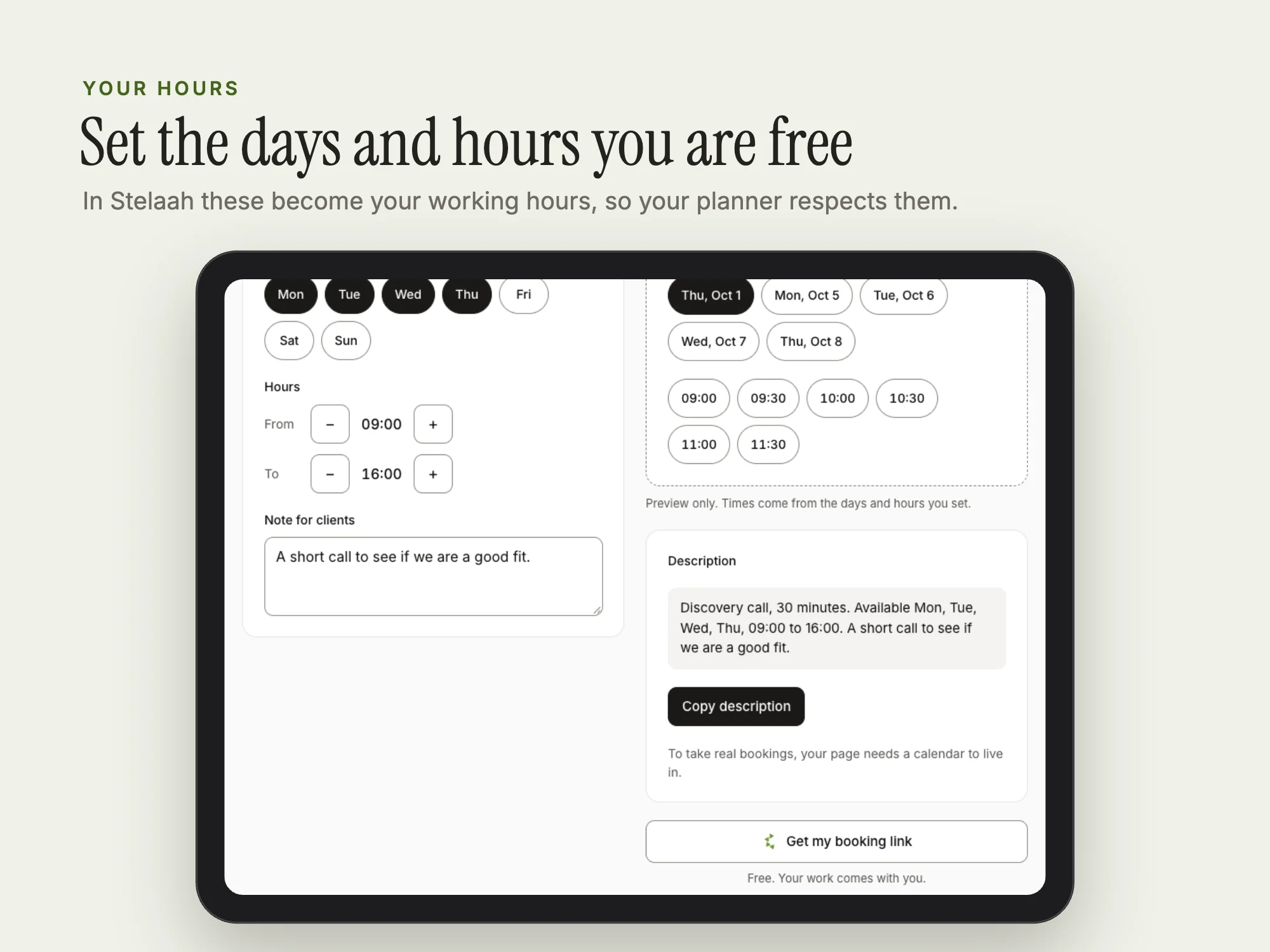 Free Booking Page: Your hours