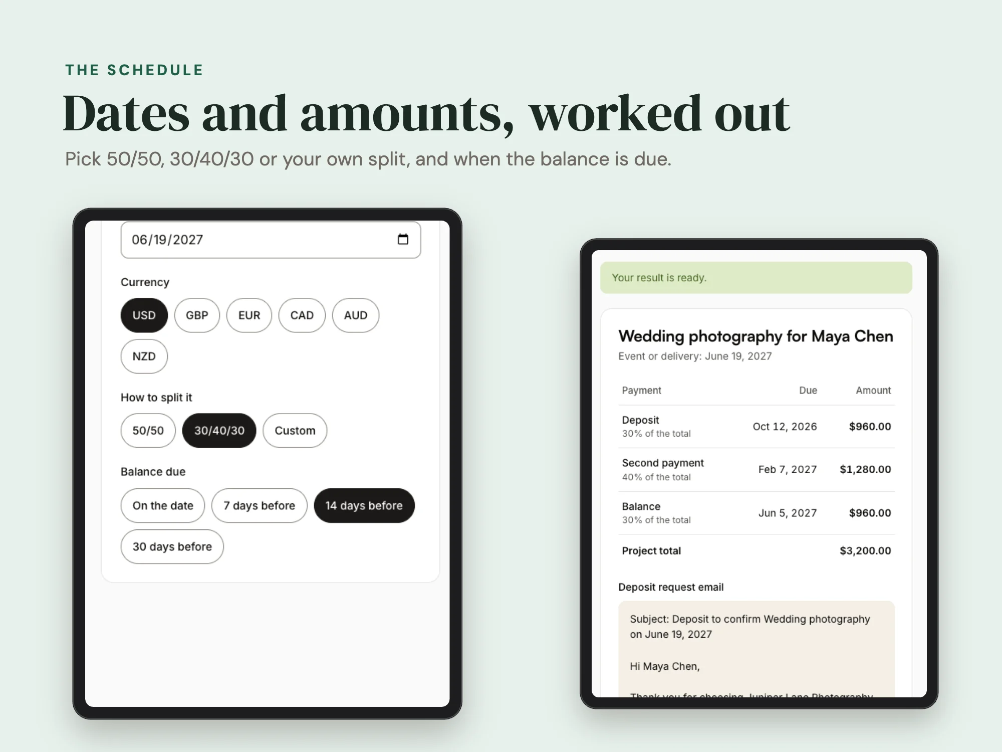 Deposit and Payment Schedule Builder: Result