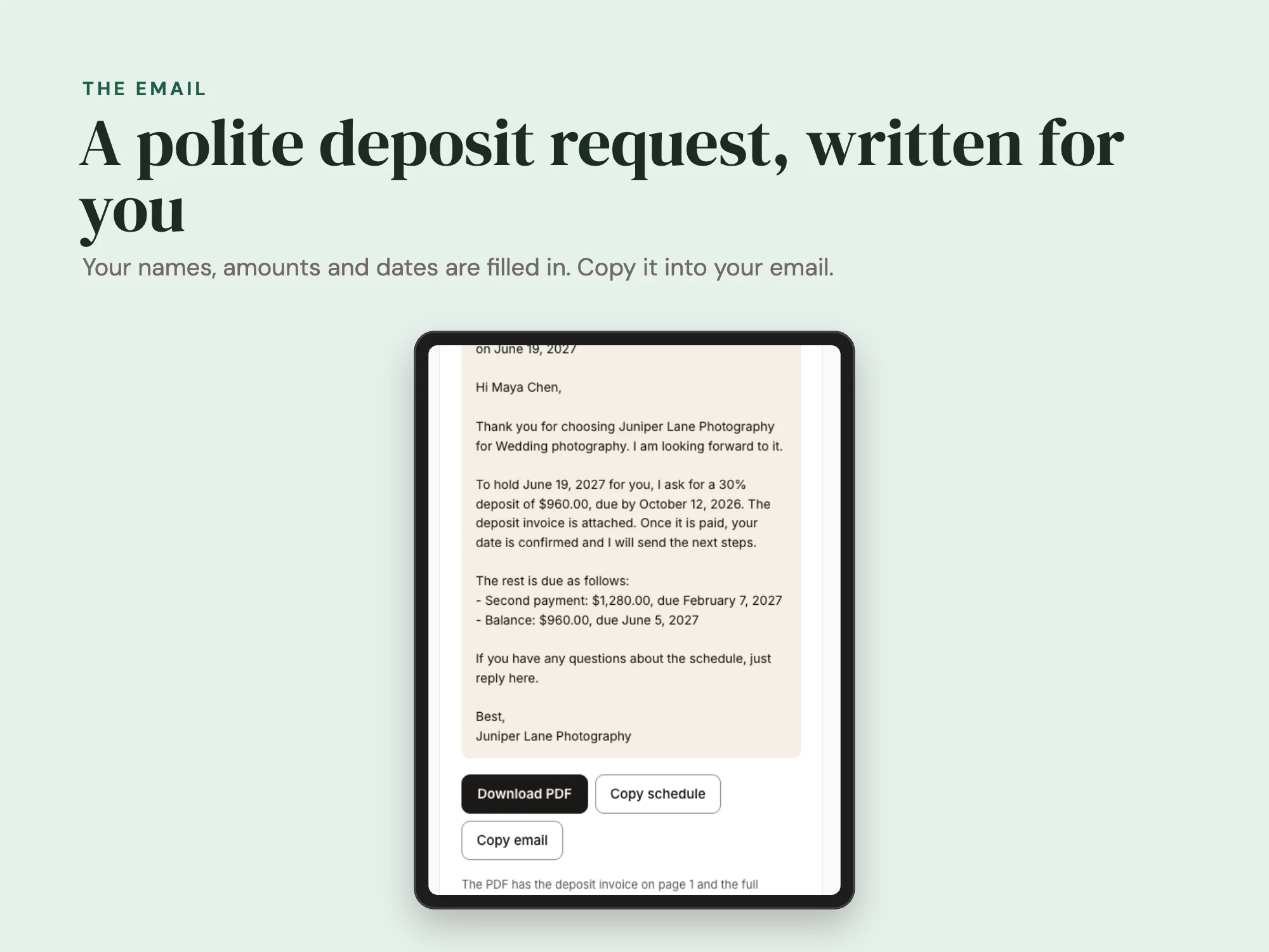 Deposit and Payment Schedule Builder: Email