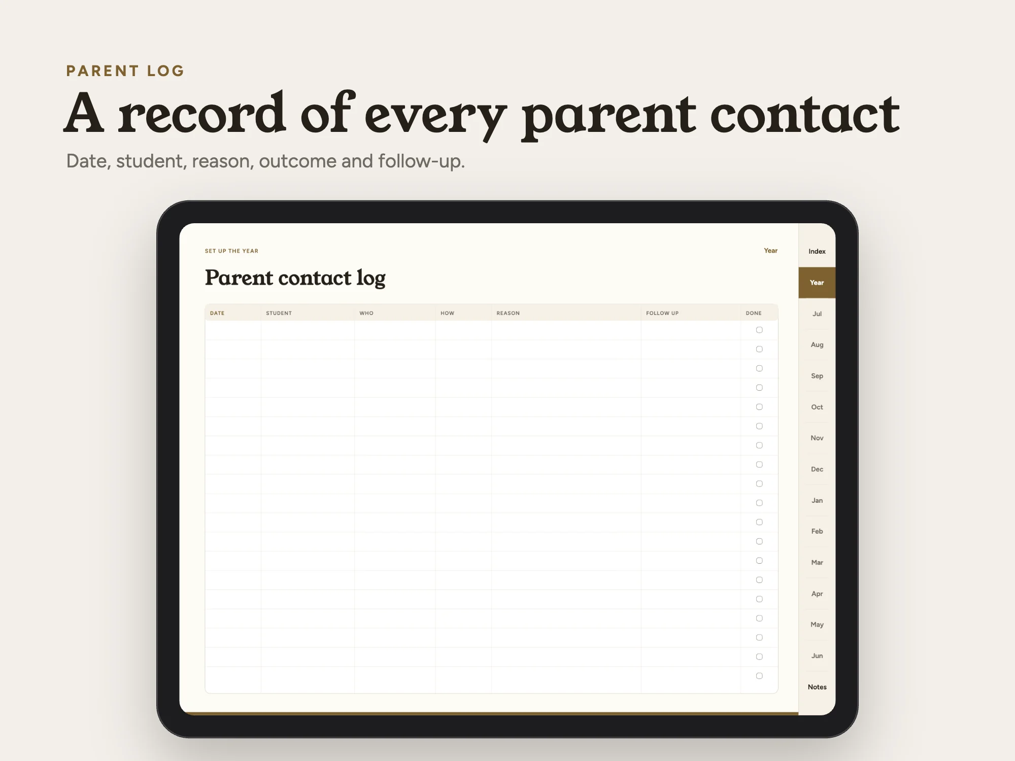 Free 2026 to 2027 Midyear Teacher Digital Planner: Parent log