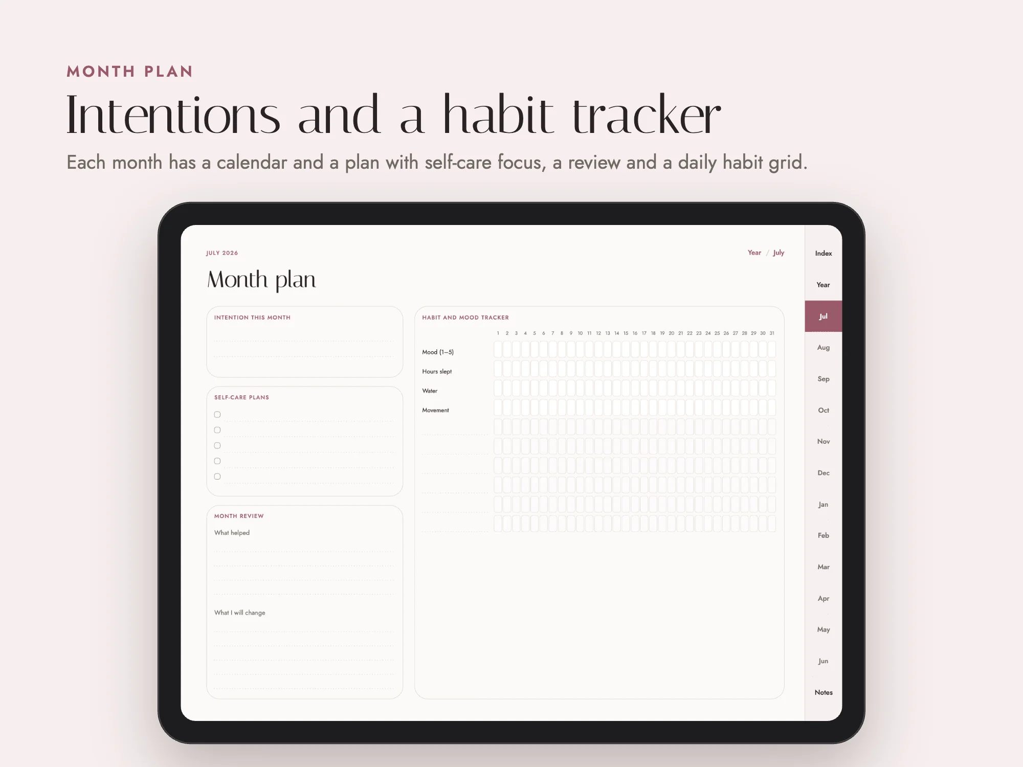 Free 2026 to 2027 Midyear Wellness Digital Planner: Month plan